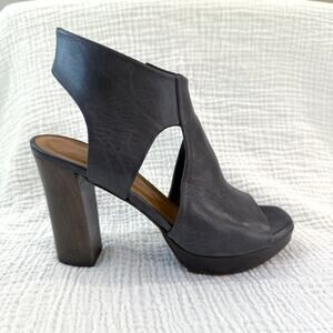 Coclico Platform Wood Heels Size 36.5 Dark Gray Blue Leather Cut Out Open Toe